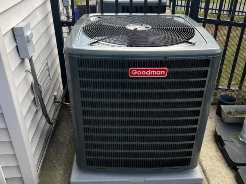 Goodman air-conditioning unit outside a home